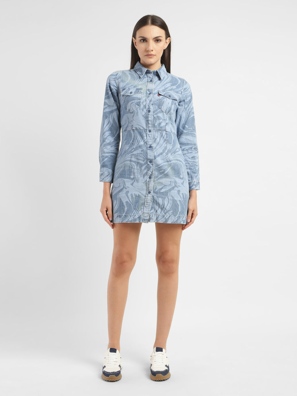 Women's Printed Spread Collar Denim Dress - 15b35212-872f-4f32-a0b7-06eb432e54b1 View