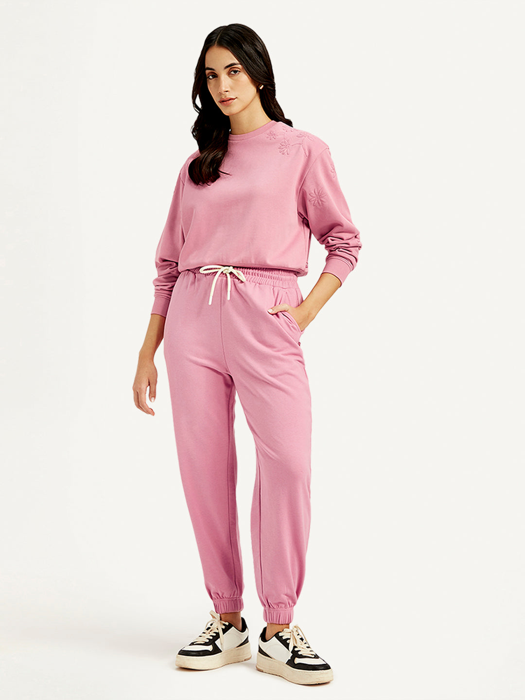 Women's Mid Rise Pink Joggers - Front View