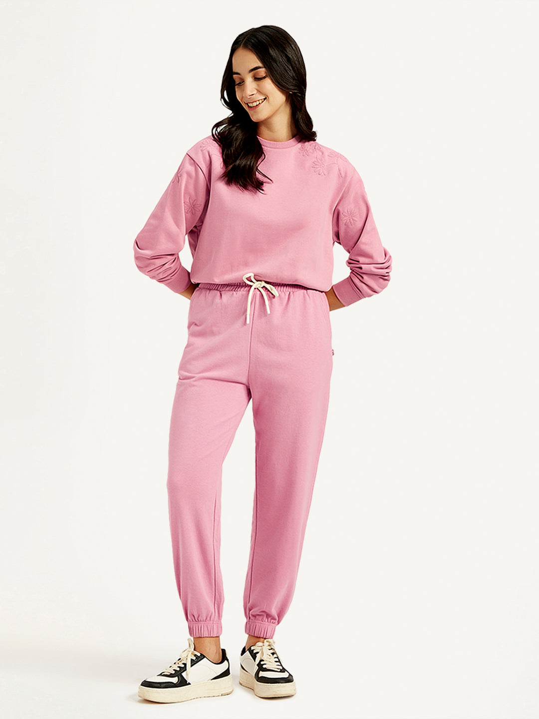 Women's Mid Rise Pink Joggers - Styleshot View