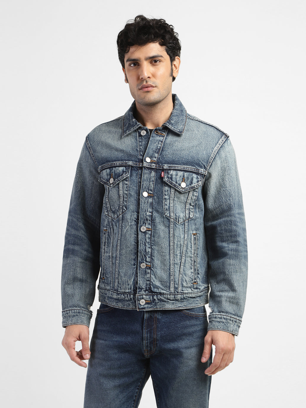 Men's Solid Blue Shirt Collar Denim Jacket - 1e03f8d0-8210-4611-a635-d21ce9e7355e View