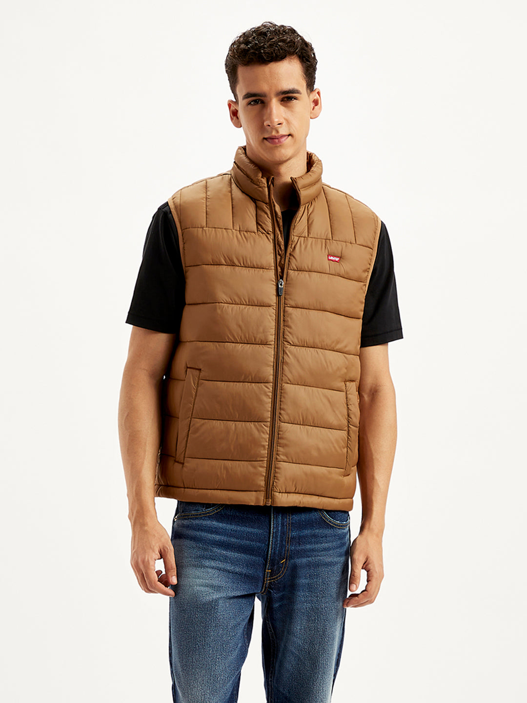 Men's Quilted Brown High Neck Puffer Jacket - Front View