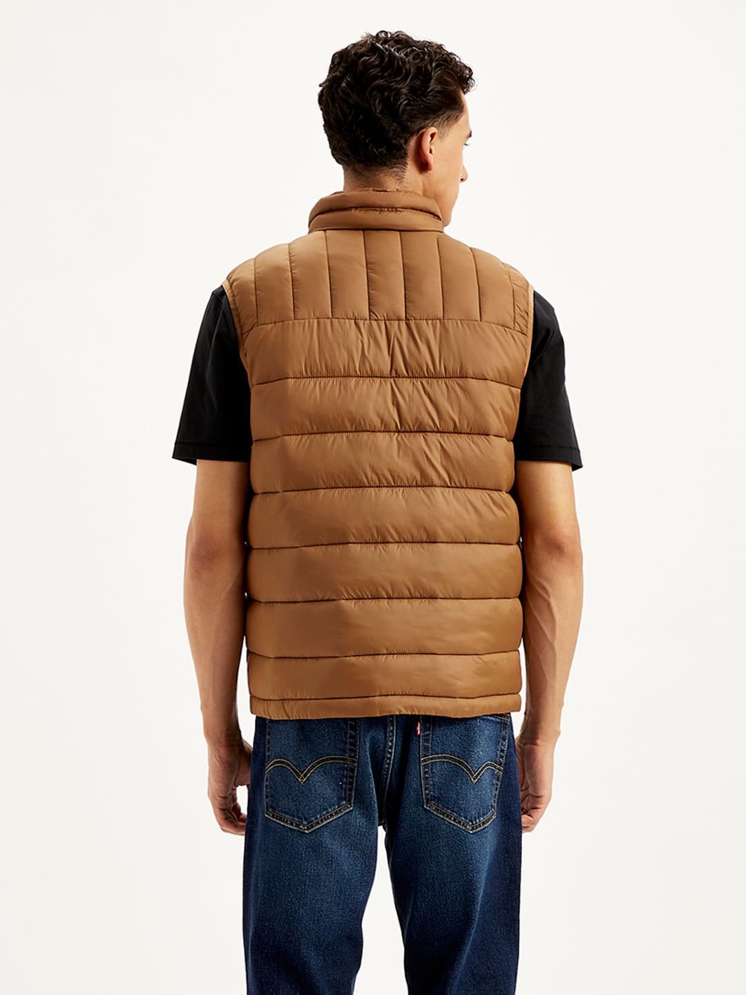 Men's Quilted Brown High Neck Puffer Jacket - Back View