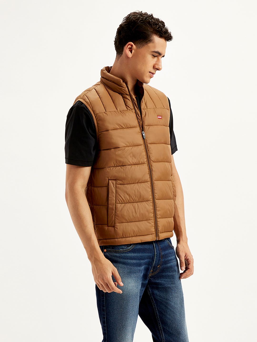 Men's Quilted Brown High Neck Puffer Jacket - Side View