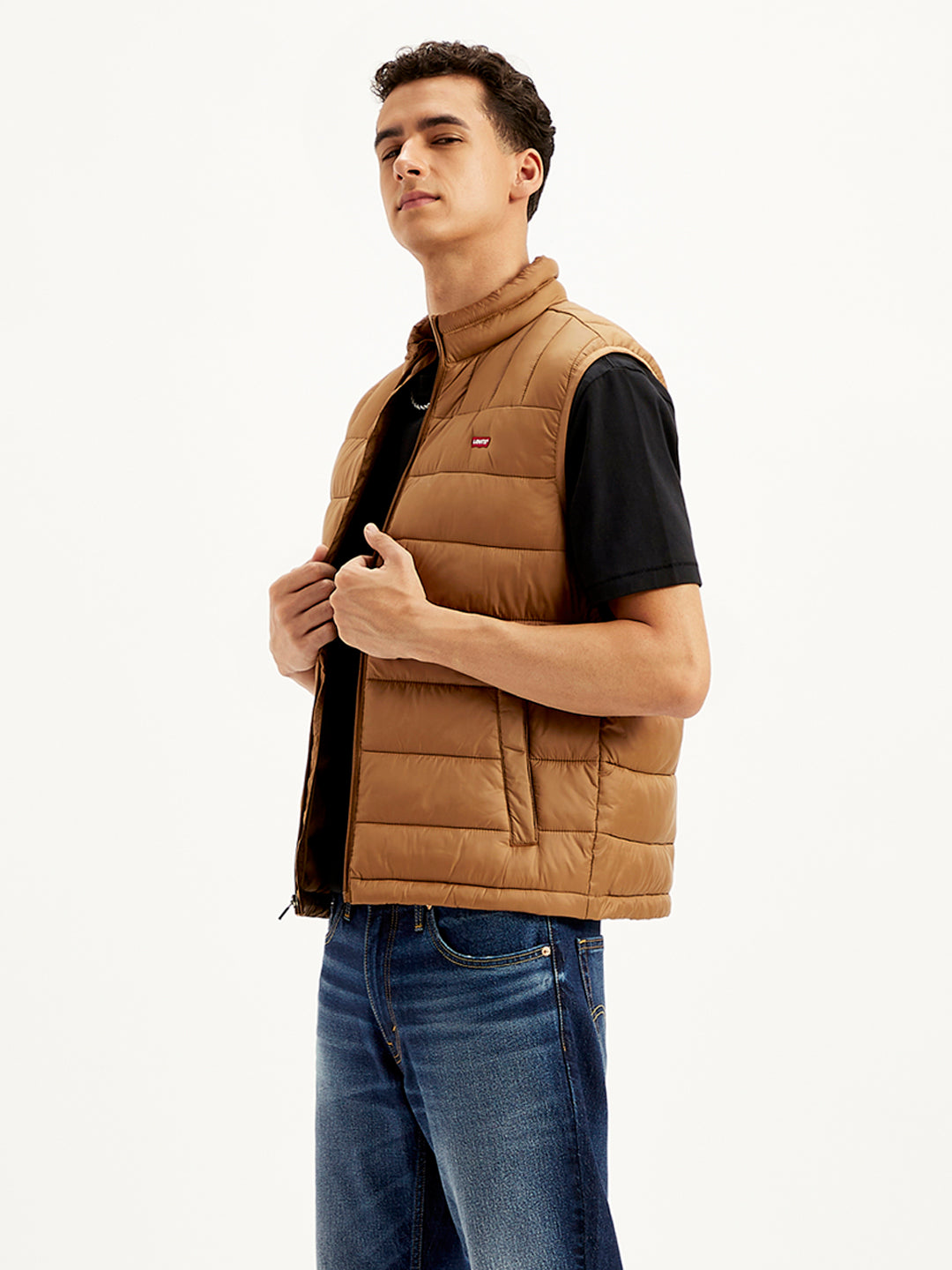Men's Quilted Brown High Neck Puffer Jacket - Styleshot View