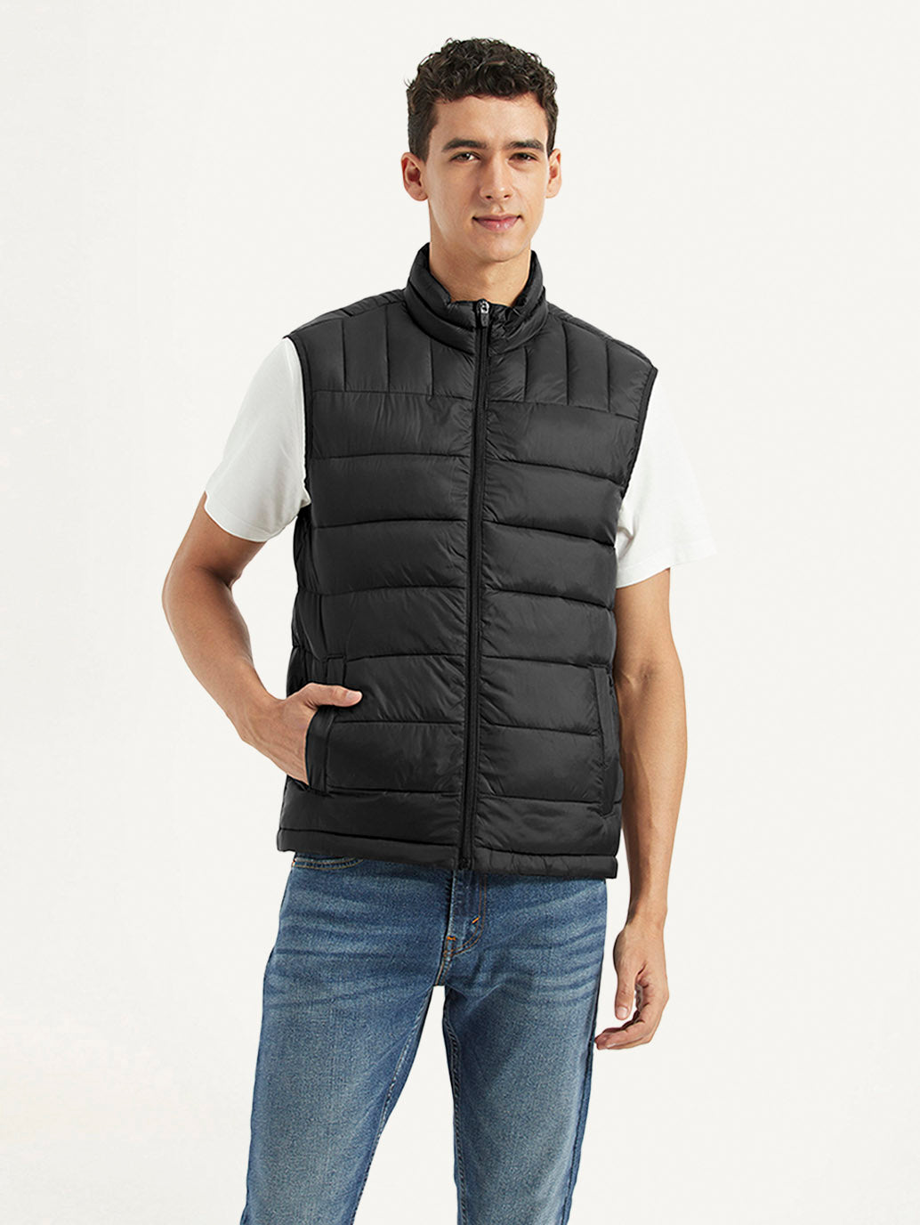 Men's Quilted Black Collar Neck Jacket - f882ca7a-0464-4a10-81a4-444f1b692b1d View