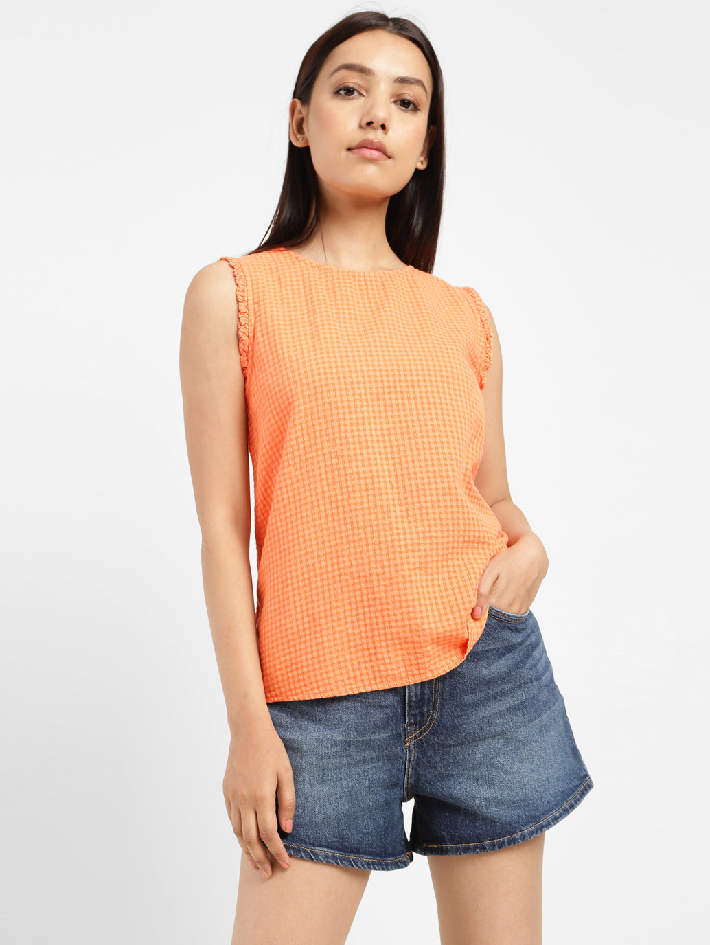 Women's Checkered Orange Round Neck Top - acfdab64-c24b-400f-89a9-9a5721266703 View