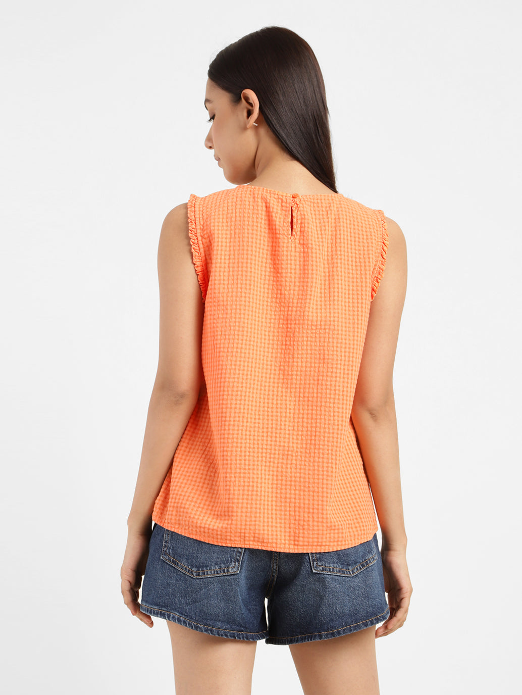 Women's Checkered Orange Round Neck Top - 217260b8-884a-4ad3-9dff-8cc70a2f398e View