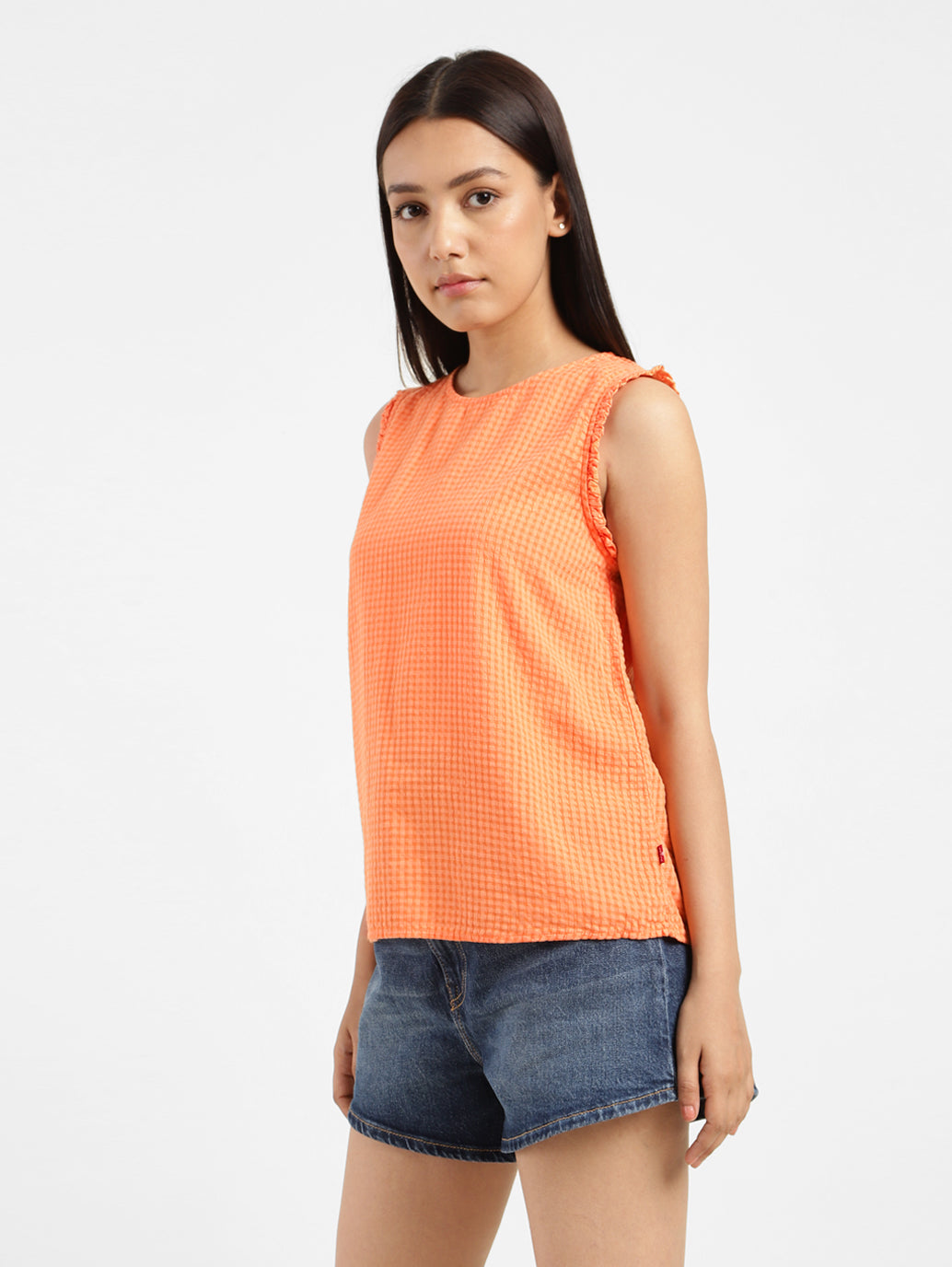 Women's Checkered Orange Round Neck Top - 3b0fbfc4-2236-4c46-81b8-b91a3ca8439c View