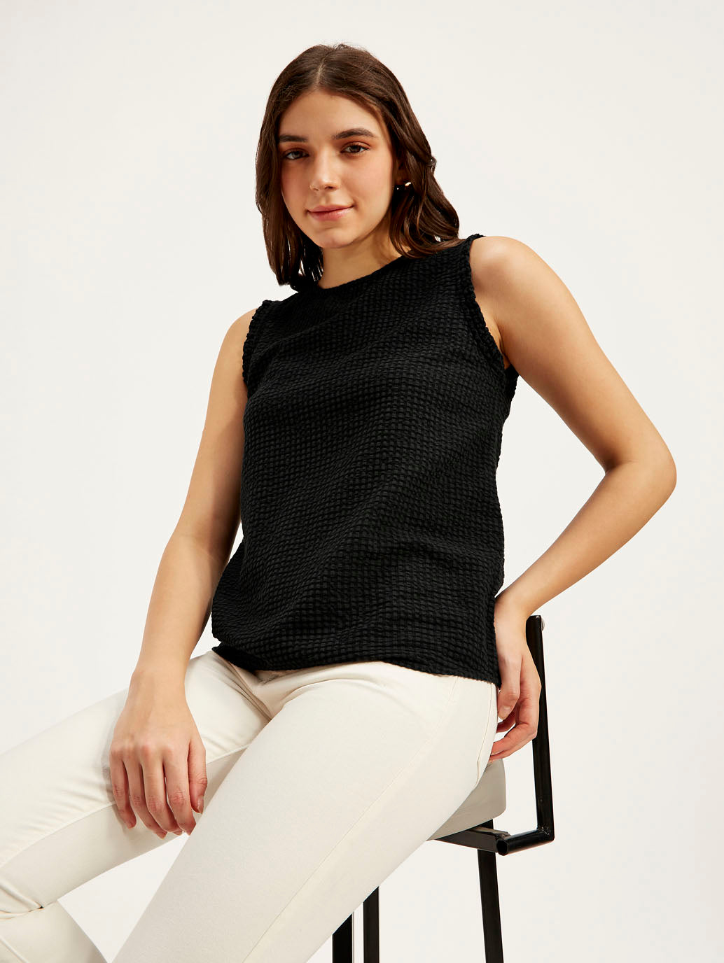 Women's Textured Black Round Neck Top - Elevated View