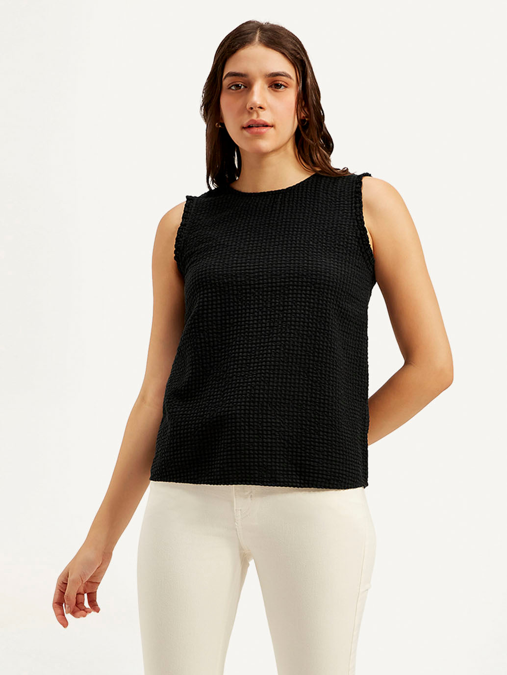 Women's Textured Black Round Neck Top - Front View