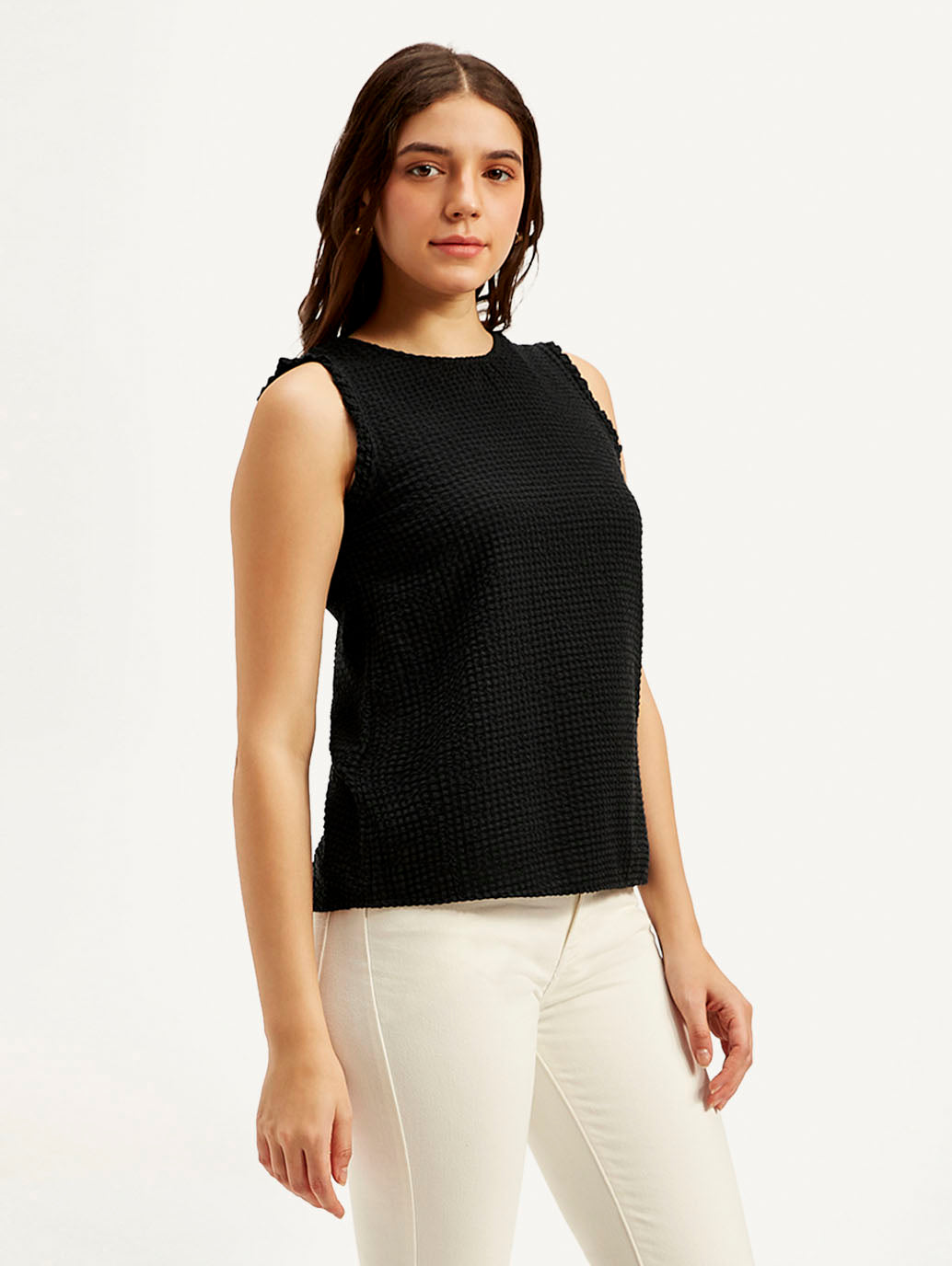 Women's Textured Black Round Neck Top - Side View
