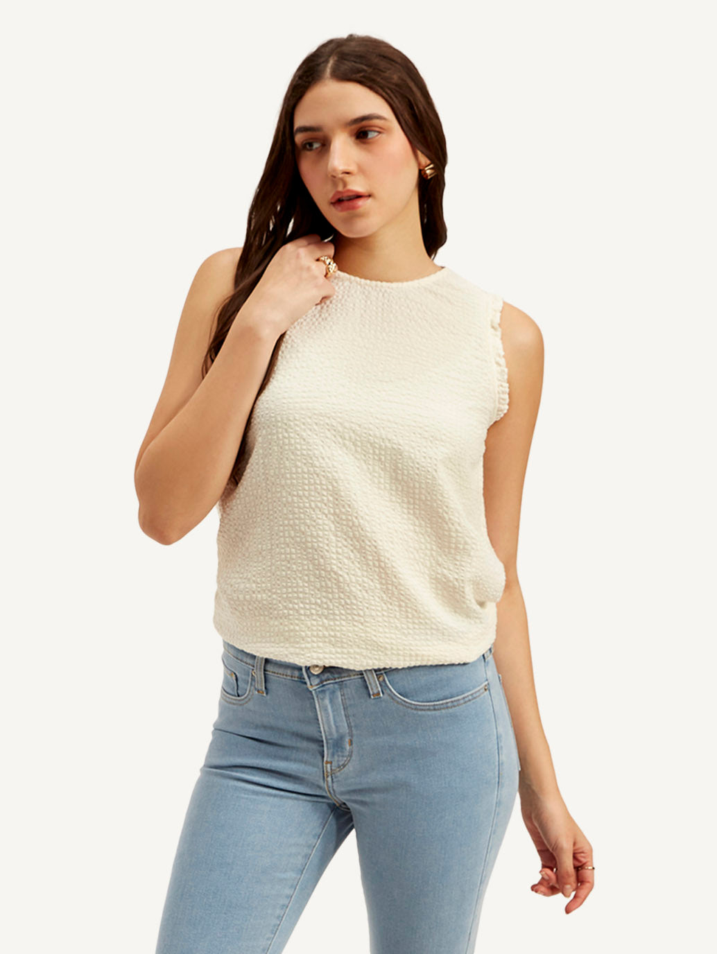 Women's Textured White Round Neck Top - Styleshot View