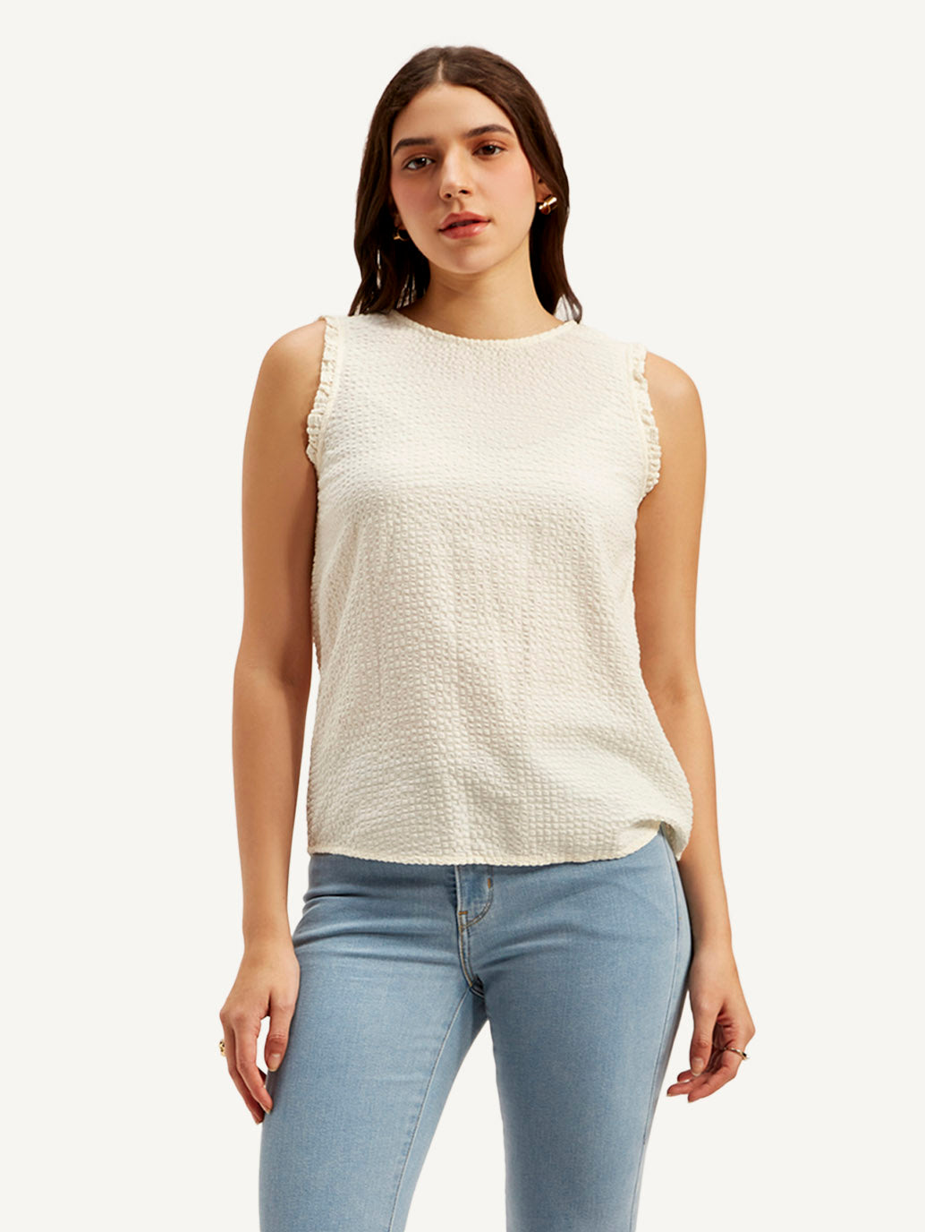 Women's Textured White Round Neck Top - Front View