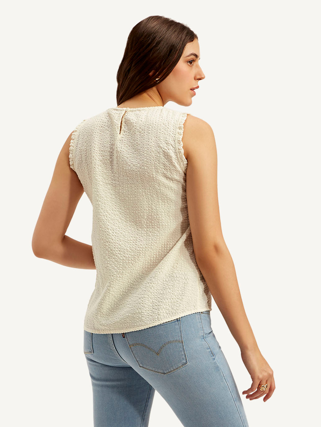 Women's Textured White Round Neck Top - Back View