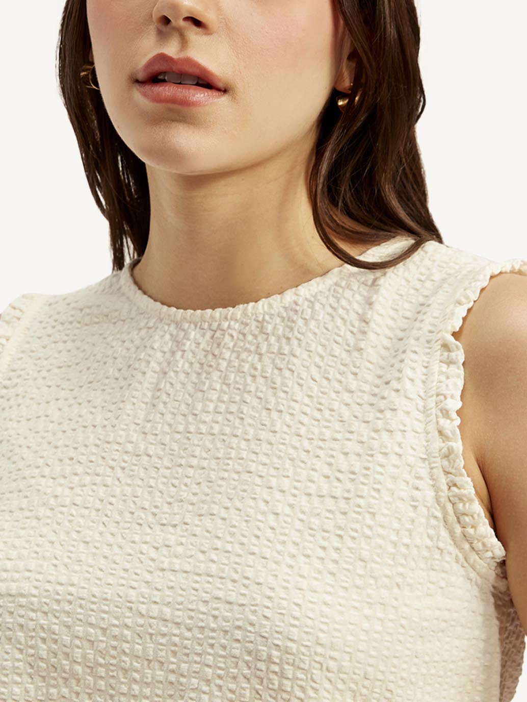 Women's Textured White Round Neck Top - Detail View
