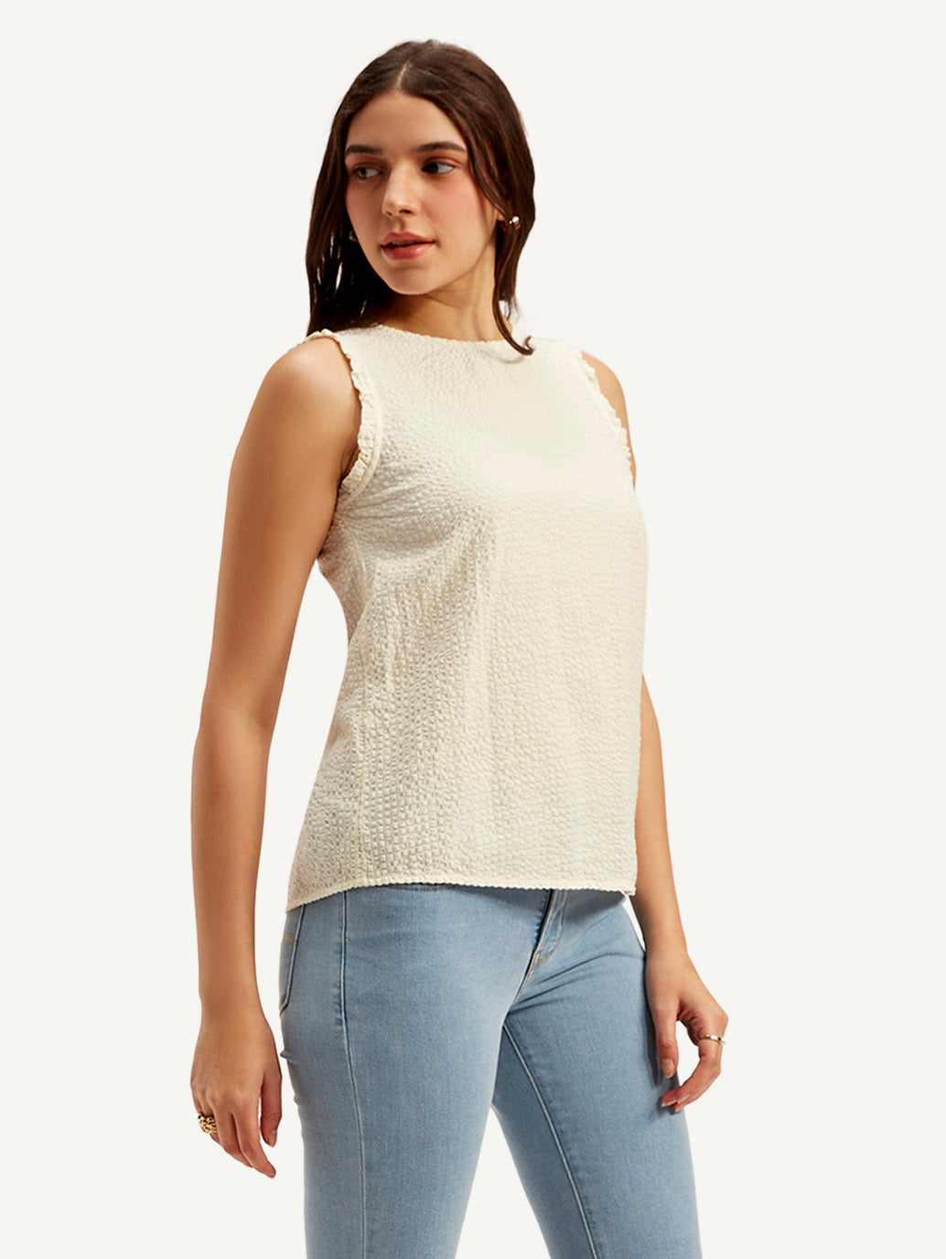 Women's Textured White Round Neck Top - Side View