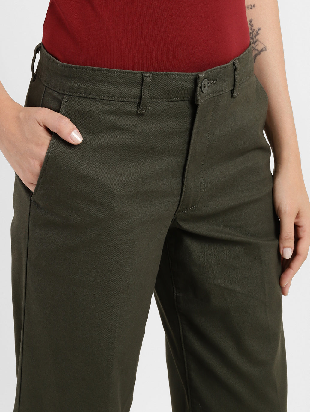 Women's Mid Rise Olive Relaxed Fit Trousers - 3a151b4a-8d64-4476-8b21-f75a1a14823f View