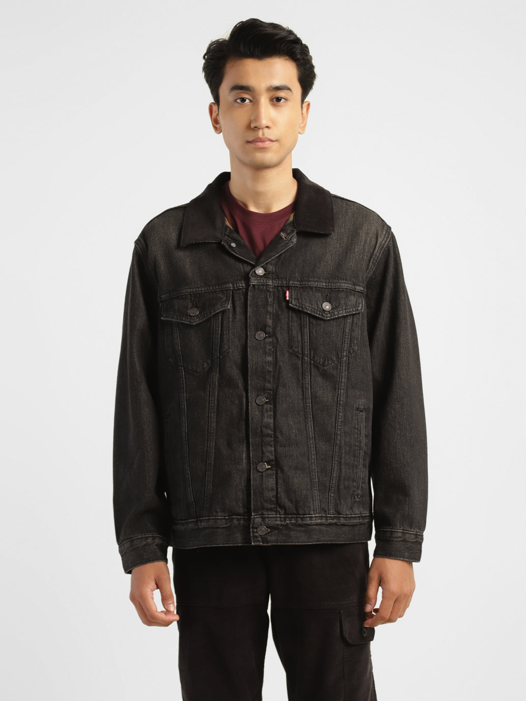 Men's Solid Black Collar Neck Trucker Jacket - eaacbae5-773f-41e9-8f98-1e2e4dae1b34 View