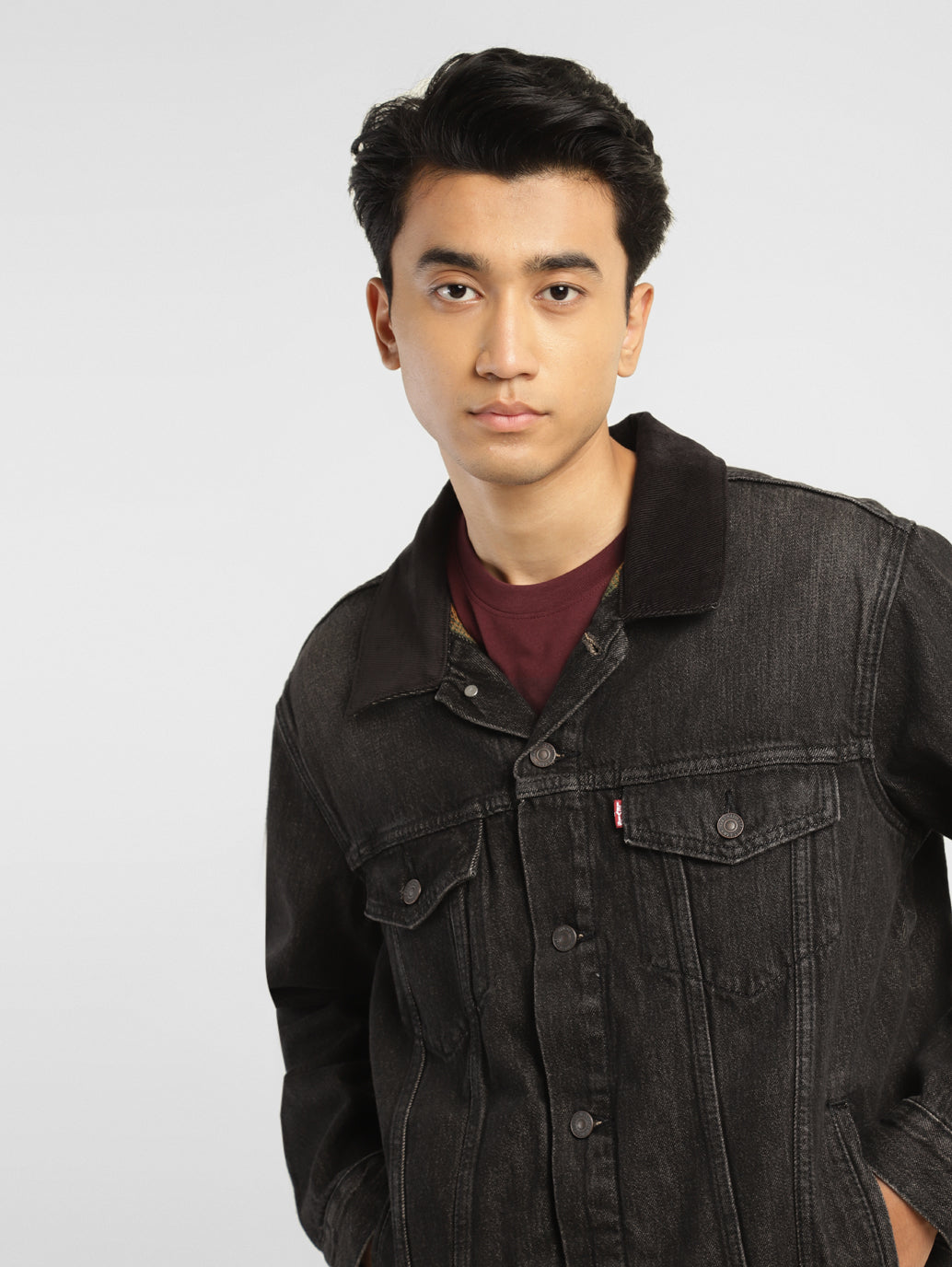 Men's Solid Black Collar Neck Trucker Jacket - 21ee3772-c249-41ed-90cd-225a96954795 View