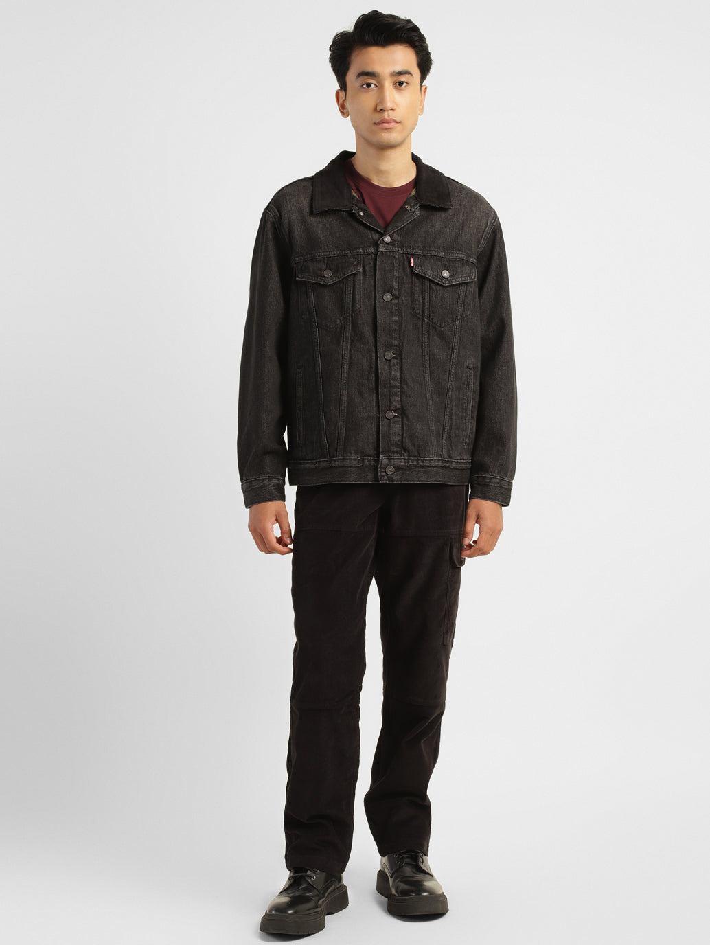 Men's Solid Black Collar Neck Trucker Jacket - d7edf31f-cb7d-4774-a0a9-48b03deaff0e View