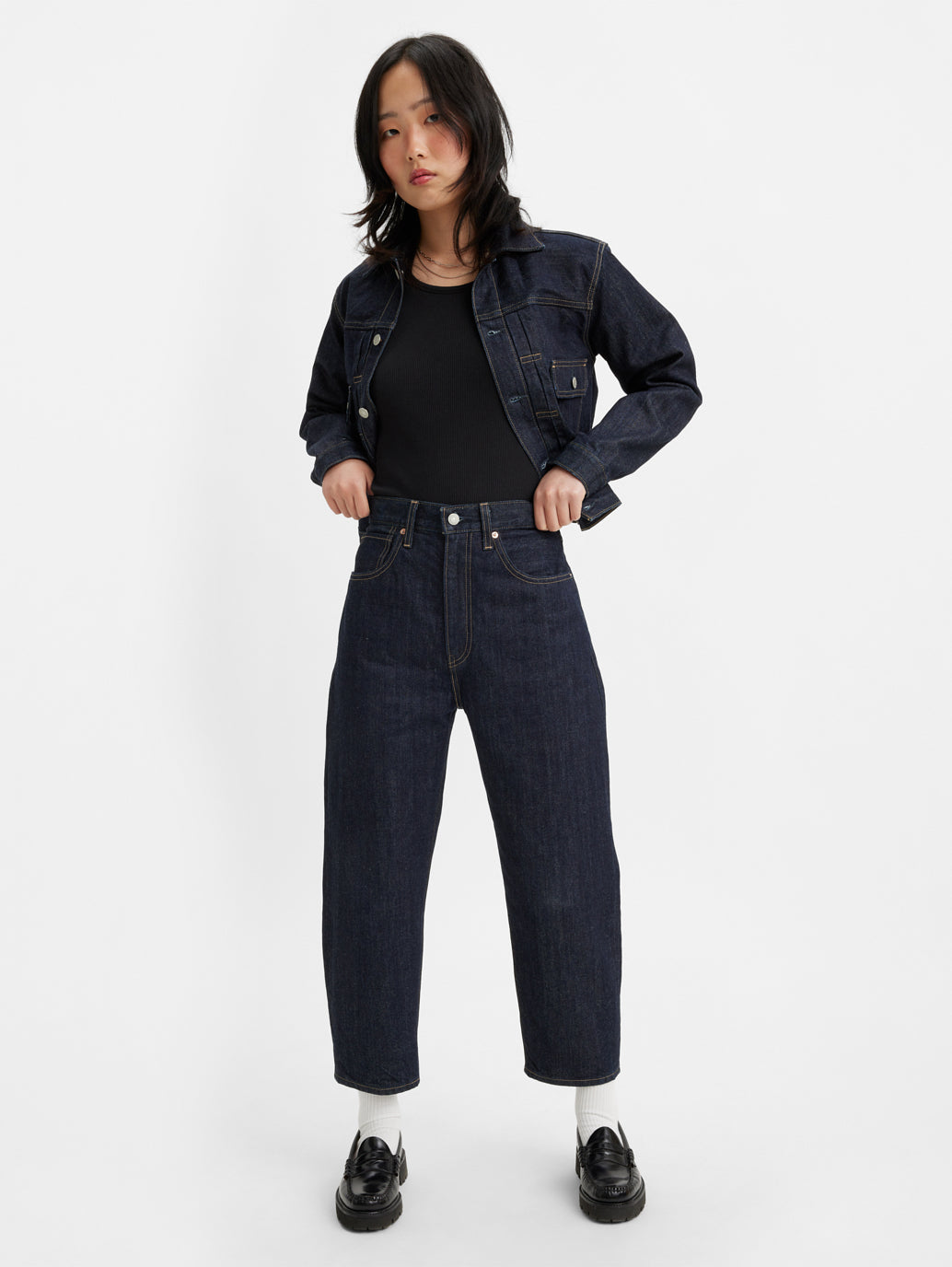 Women's Navy Blue Barrel Loose Fit High Rise Jeans - 2536ffa4-cbe9-4ac7-814d-0384e3045f06 View