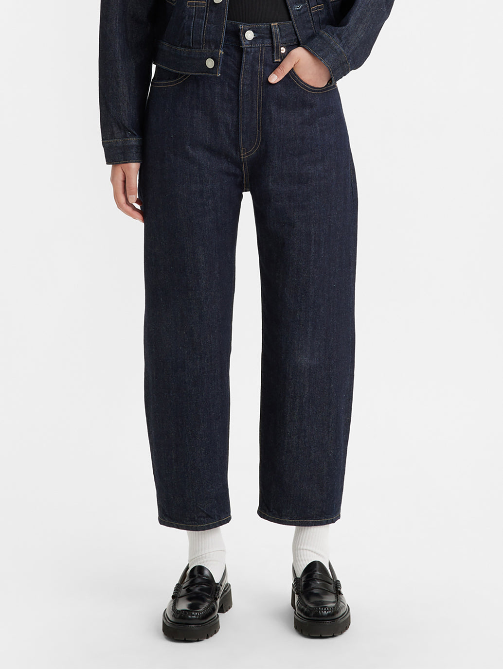 Women's Navy Blue Barrel Loose Fit High Rise Jeans - 81f2a1d6-46e2-406d-9ccb-973d5bc97a9c View