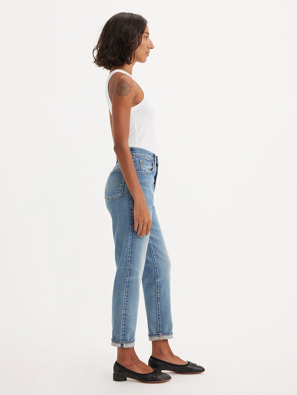 Women's Blue Loose Fit High Rise Boyfriend Jeans - Side View