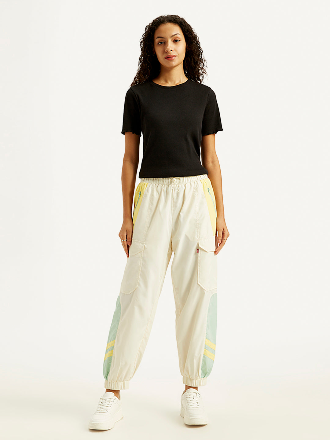 Women's Mid Rise White Track Pants - Front View