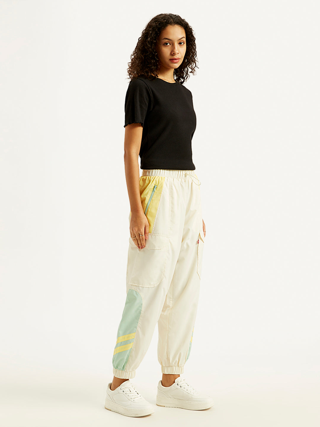 Women's Mid Rise White Track Pants - Side View