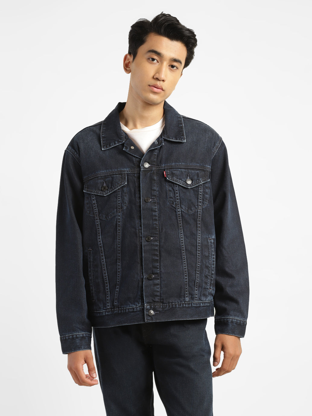 Men's Solid Spread Collar Denim Jacket - 6013bbd5-bf38-45ca-8e83-40fe46293df4 View
