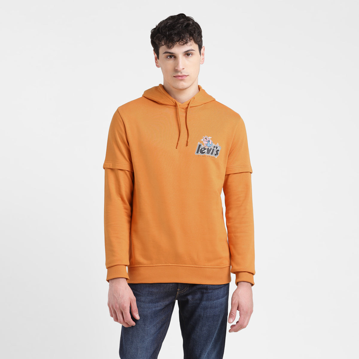 Men's Solid Orange Hooded Sweatshirt - Front View