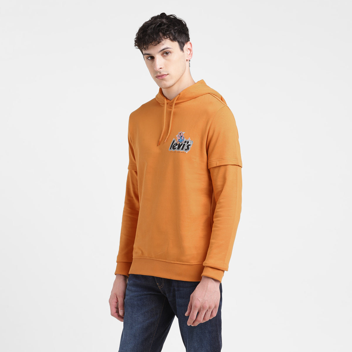 Men's Solid Orange Hooded Sweatshirt - Side View