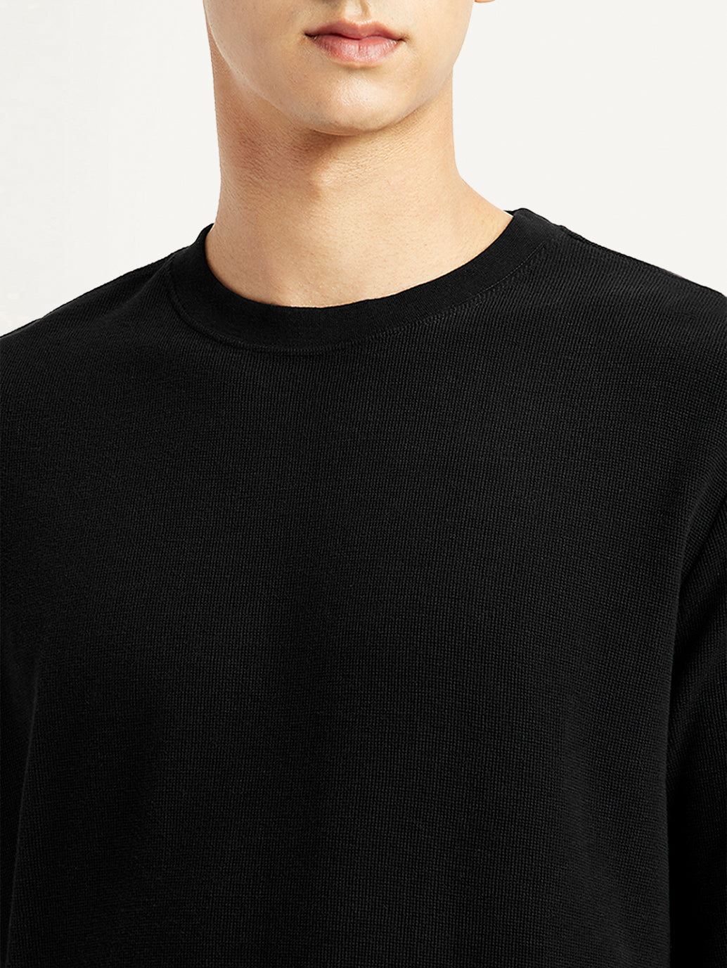 Men's Solid Black Crew Neck T-shirt - Detail View