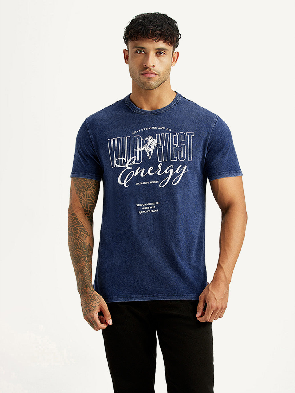 Men's Graphic Print Dark Blue Crew Neck T-shirt