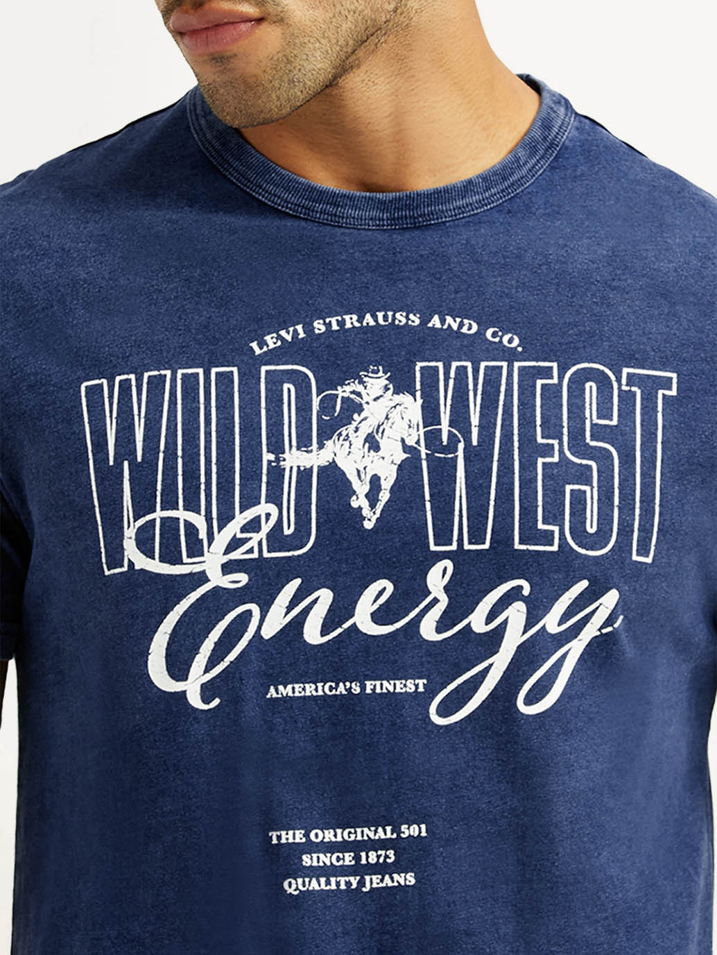 Men's Graphic Print Dark Blue Crew Neck T-shirt - Detail View
