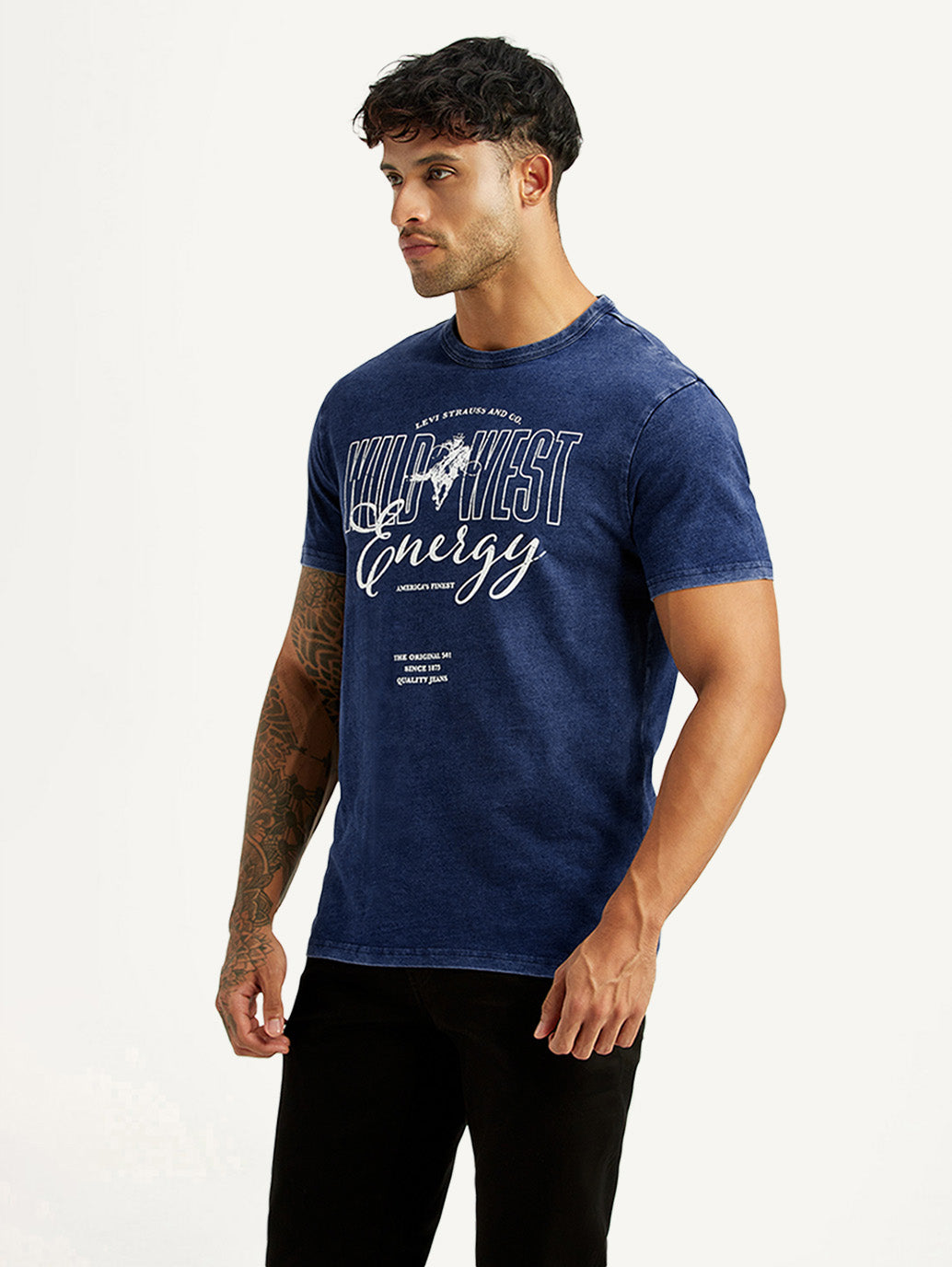 Men's Graphic Print Dark Blue Crew Neck T-shirt - Side View