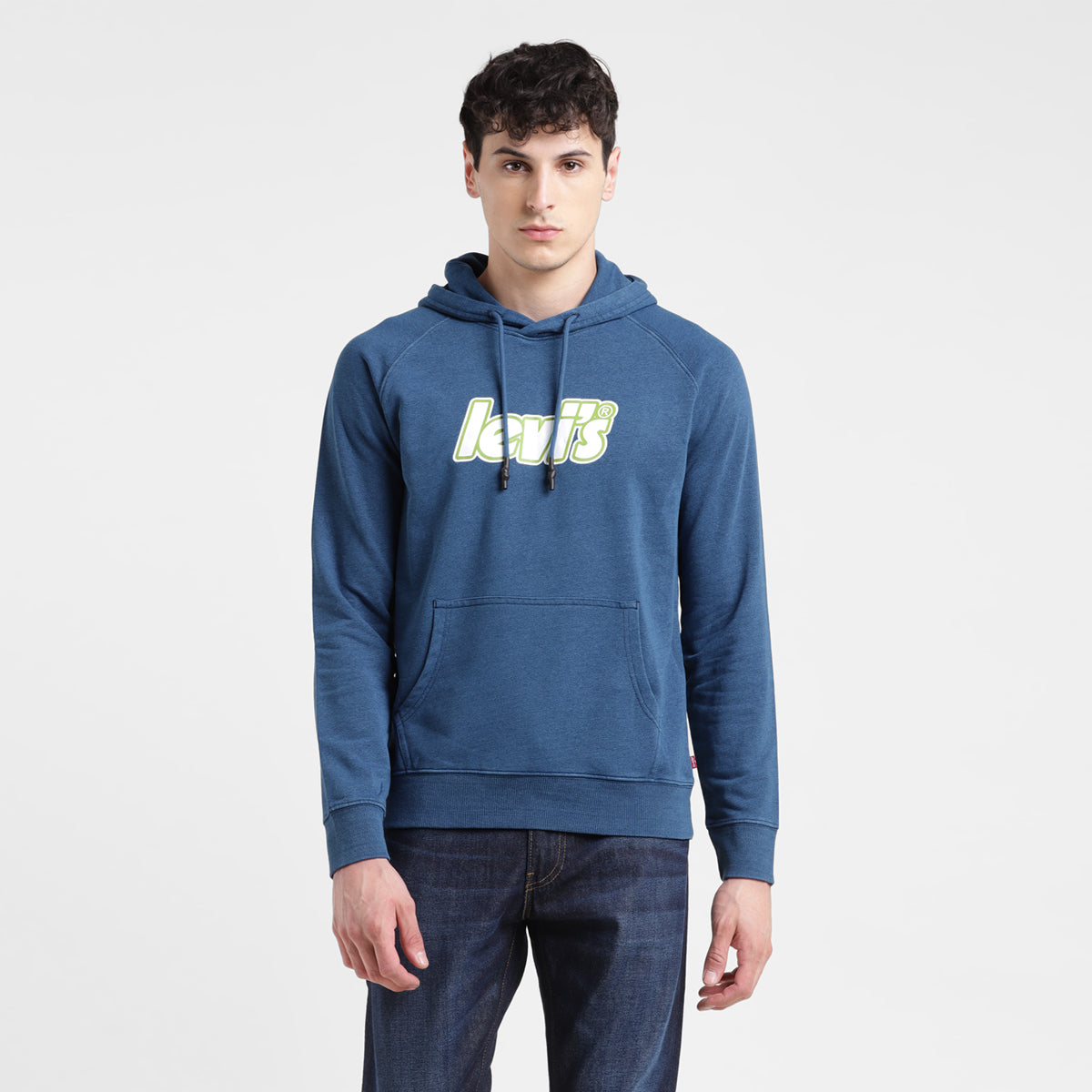 Men's Solid Blue Hooded Sweatshirt - Front View