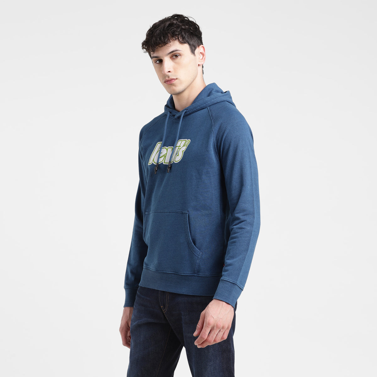 Men's Solid Blue Hooded Sweatshirt - Side View