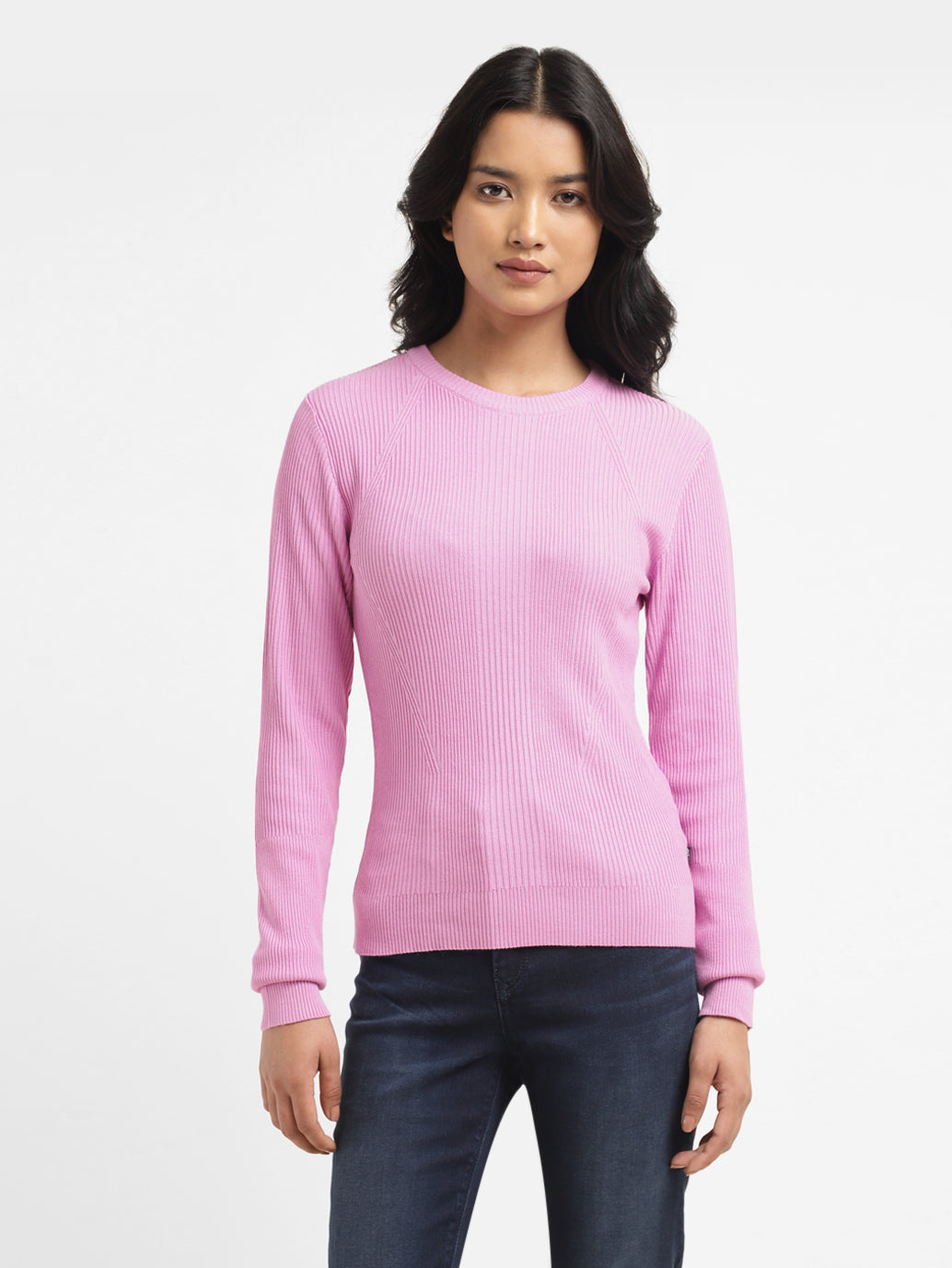 Women's Self Design Pink Crew Neck Sweater