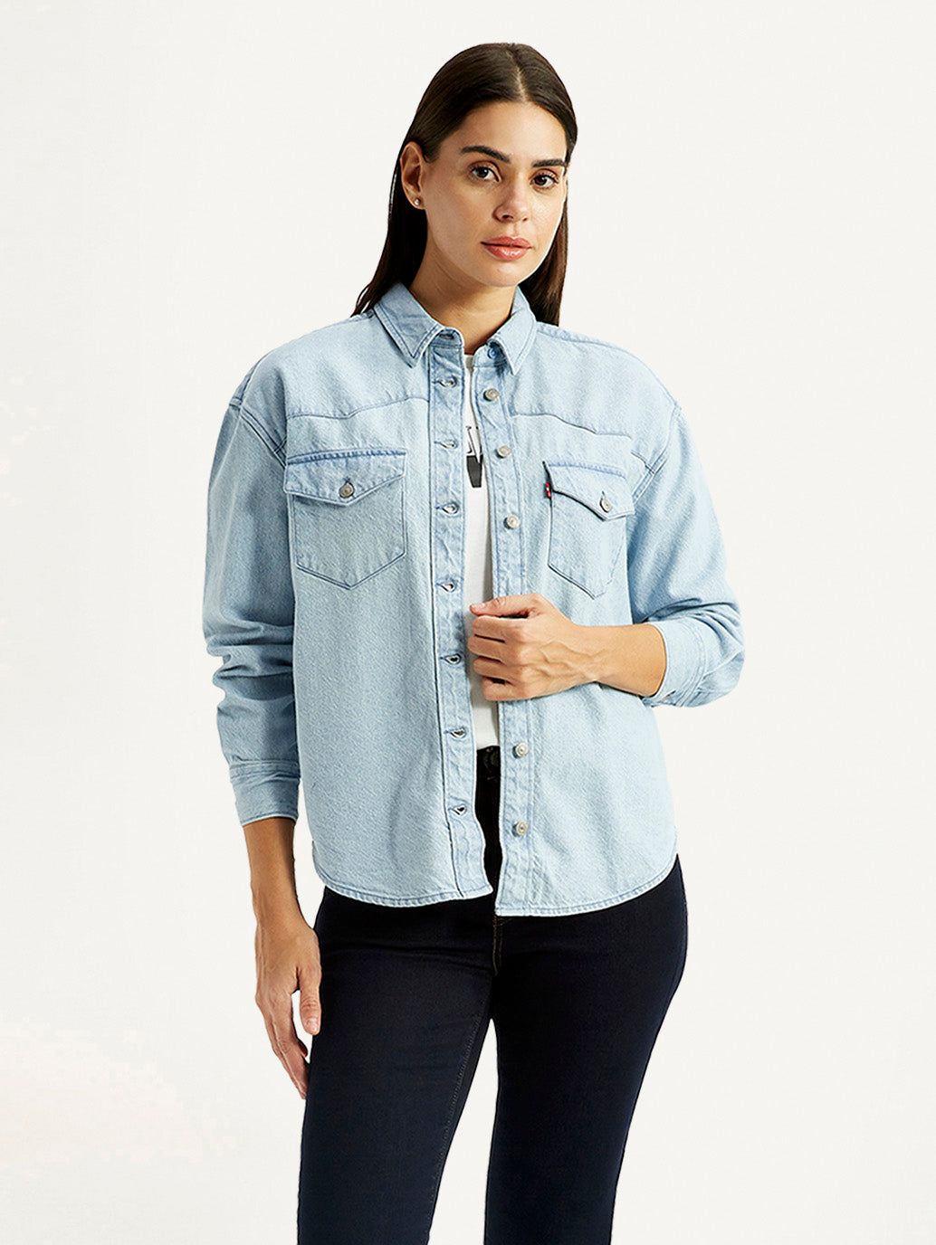 Women's Solid Light Blue Spread Collar Relaxed Fit Denim Shirt