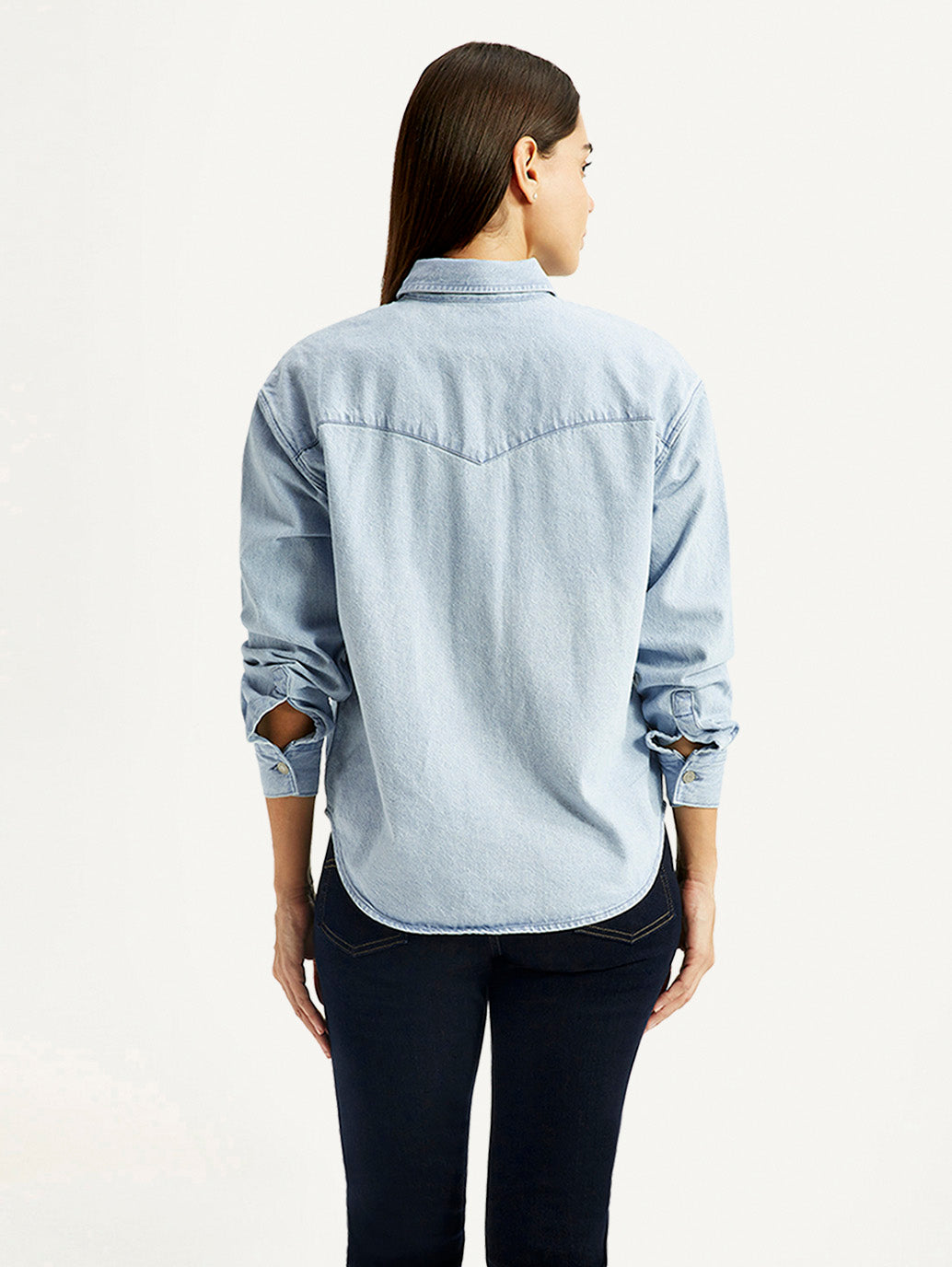 Women's Solid Light Blue Spread Collar Relaxed Fit Denim Shirt - Back View