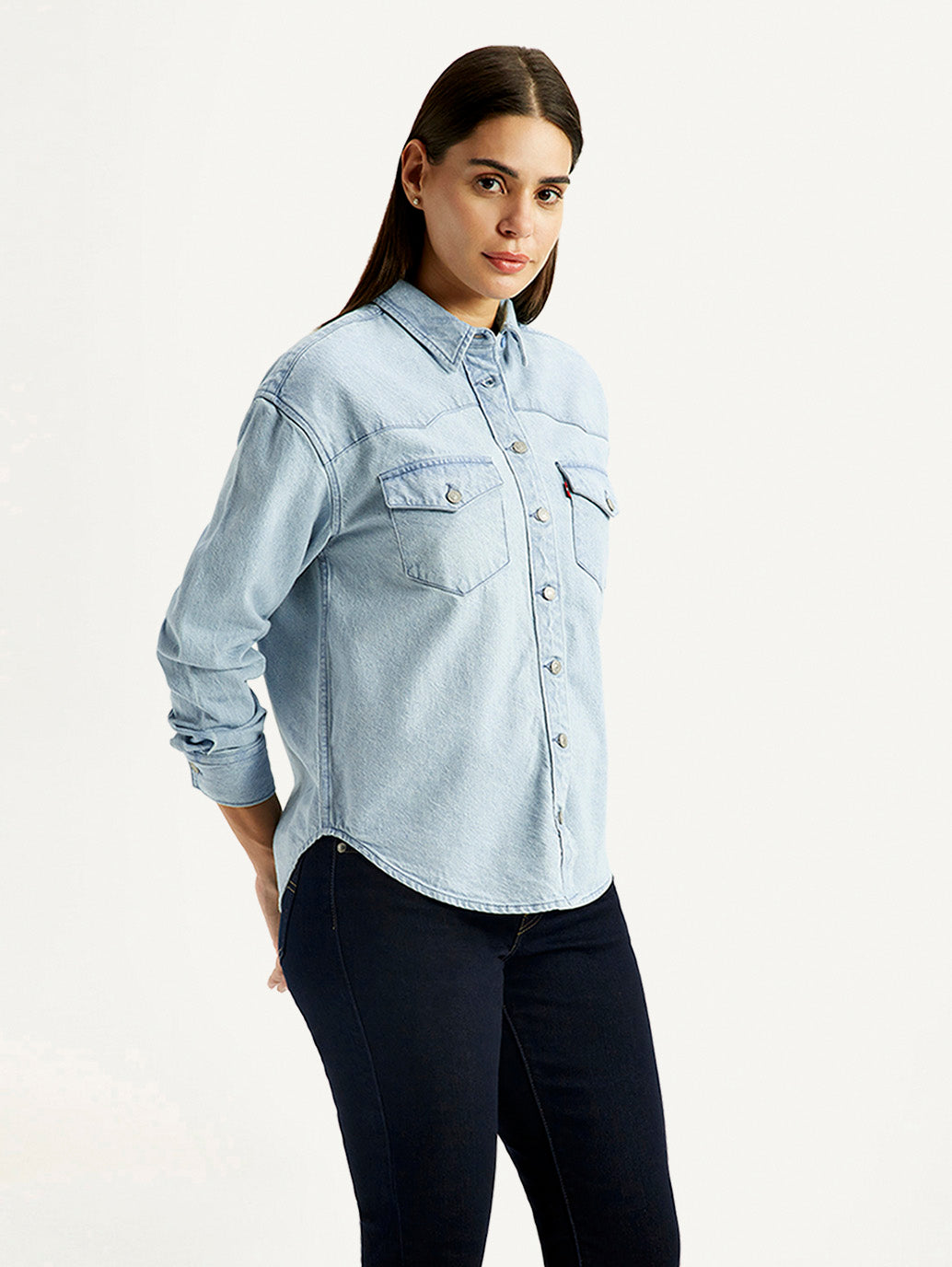 Women's Solid Light Blue Spread Collar Relaxed Fit Denim Shirt - Side View