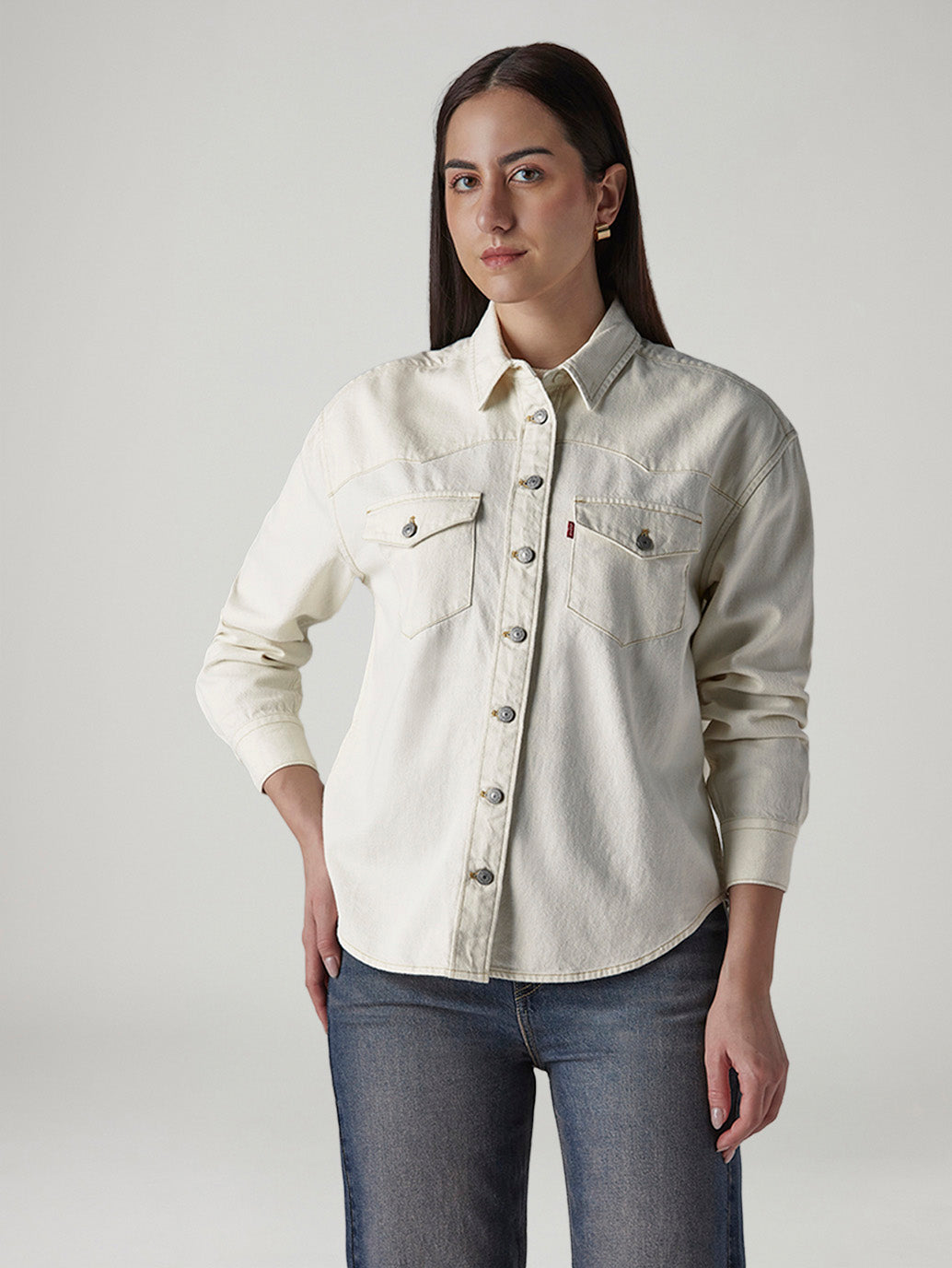 Women's Solid Relaxed Fit Denim Shirt - Front View