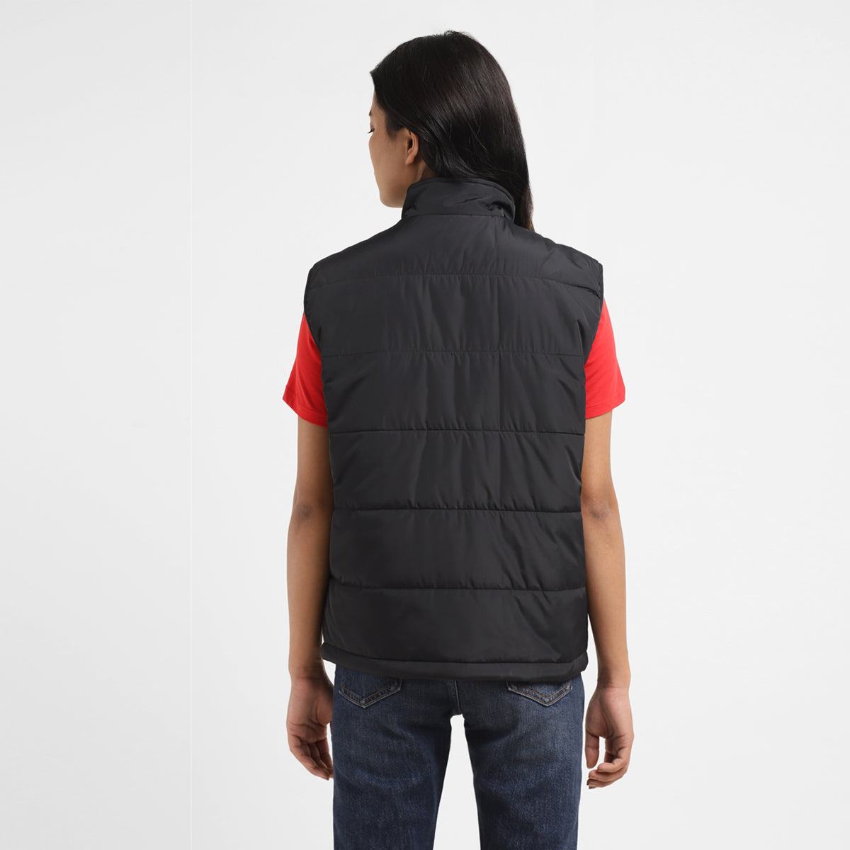 Women's Solid Black High Neck Padded Jacket - Back View
