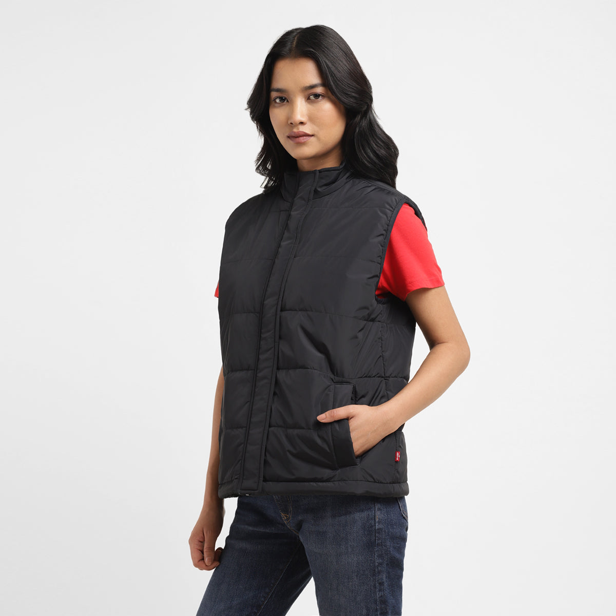 Women's Solid Black High Neck Padded Jacket - Side View