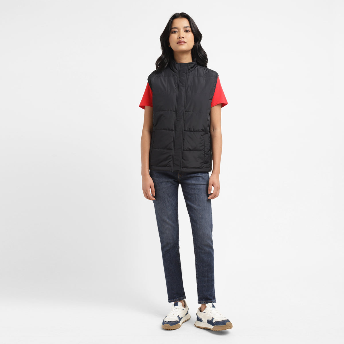 Women's Solid Black High Neck Padded Jacket - 20Front View