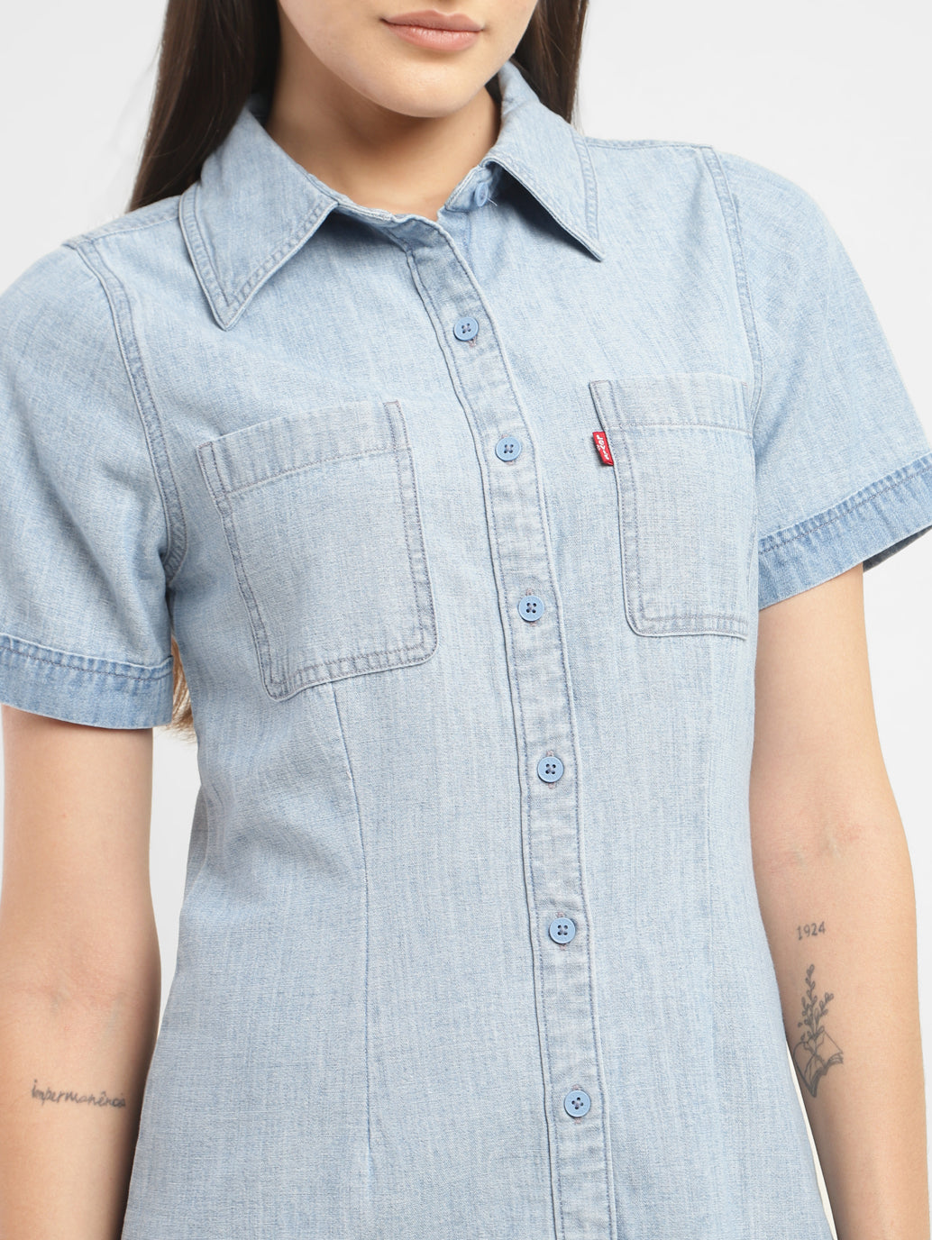 Women's Solid Spread Collar Denim Dress - d4e831b7-fe3c-460a-a958-e82f370d63c8 View