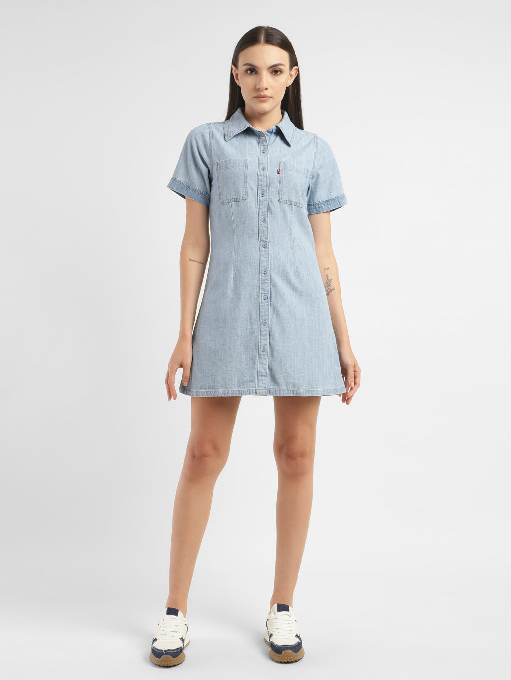 Women's Solid Spread Collar Denim Dress - 5ecd37cd-4f21-4eed-983e-65a61a99437a View
