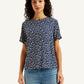 Women's Geometric Print Navy Round Neck Top - Front View
