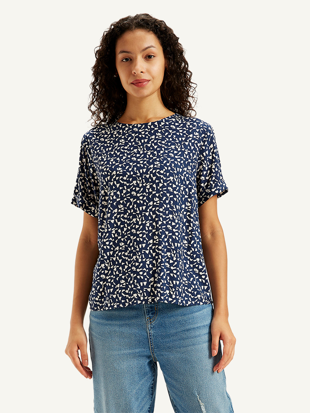 Women's Geometric Print Navy Round Neck Top - Front View